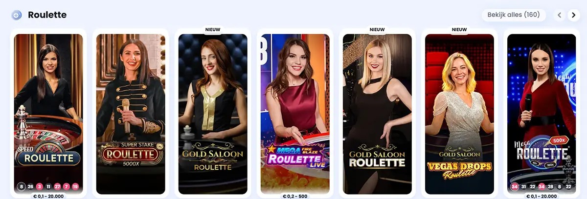 “Roulette category carousel showing live roulette game tiles, including Speed Roulette, Super Stake Roulette 5000x, Gold Saloon Roulette, Mega Fire Blaze Roulette Live, Gold Saloon Roulette, Gold Saloon Vegas Drops Roulette, and Mega Roulette.”