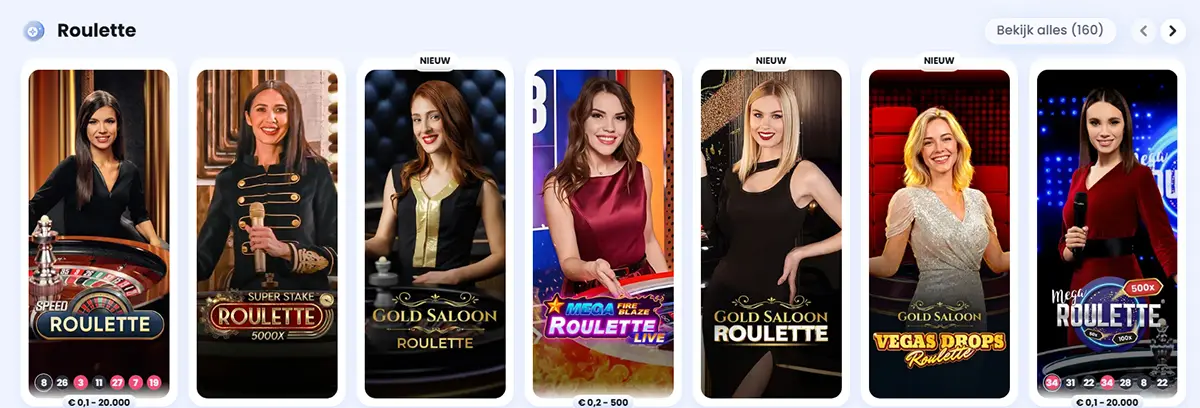 “Roulette category carousel showing live roulette game tiles, including Speed Roulette, Super Stake Roulette 5000x, Gold Saloon Roulette, Mega Fire Blaze Roulette Live, Gold Saloon Roulette, Gold Saloon Vegas Drops Roulette, and Mega Roulette.”