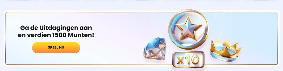 Promotion banner in Dutch: ‘Ga de Uitdagingen aan en verdien 1500 Munten!’ with a ‘Speel nu’ button and glossy reward icons (diamond, star coin, x10 badge, crown).