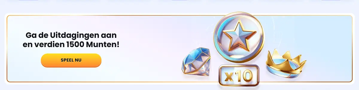 Promotion banner in Dutch: ‘Ga de Uitdagingen aan en verdien 1500 Munten!’ with a ‘Speel nu’ button and glossy reward icons (diamond, star coin, x10 badge, crown).